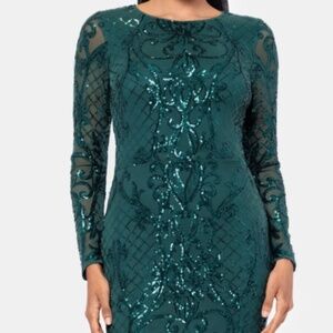 Betsy & Adam Sequin Long Sleeve Mermaid Gown